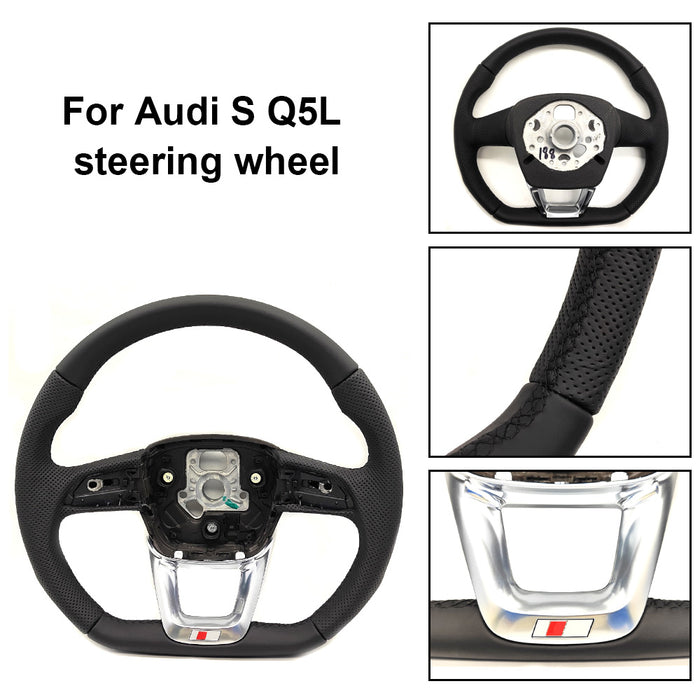 Multi functional semi perforated leather flat bottomed sports steering wheel, For Audi Q5 FY Q7