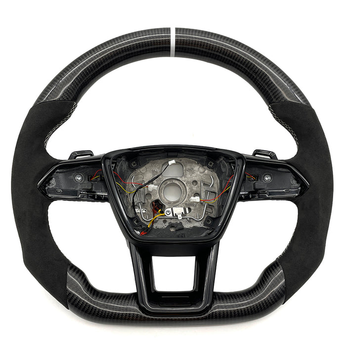 Multi functional carbon fiber suede white line flat bottomed sports steering wheel, For Audi A6 C8