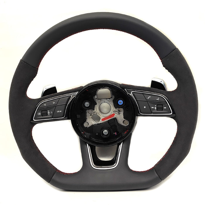 Multi functional suede red line flat bottomed sports steering wheel, For Audi RS3 RS4 RS5 A3 A4 B9 A5 S3 S4 S5 2017 to 2021