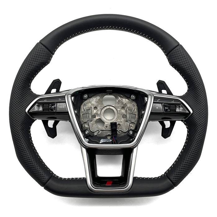 Multi functional semi perforated leather large paddle flat bottomed sports steering wheel, suitable for Audi A6 C8