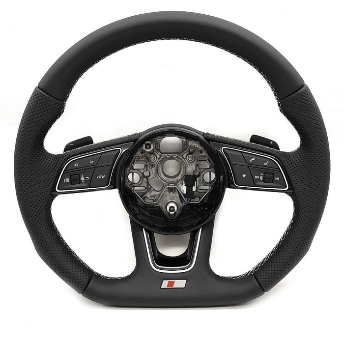 Multi functional leather semi perforated flat bottomed sports steering wheel with paddle shifters, For Audi A3 8Y