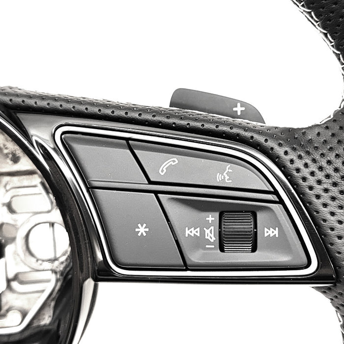 Multi functional leather semi perforated flat bottomed sports steering wheel with paddle shifters, For Audi A3 8Y