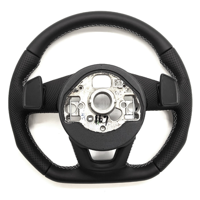 Multi functional leather semi perforated flat bottomed sports steering wheel with paddle shifters, For Audi A3 8Y